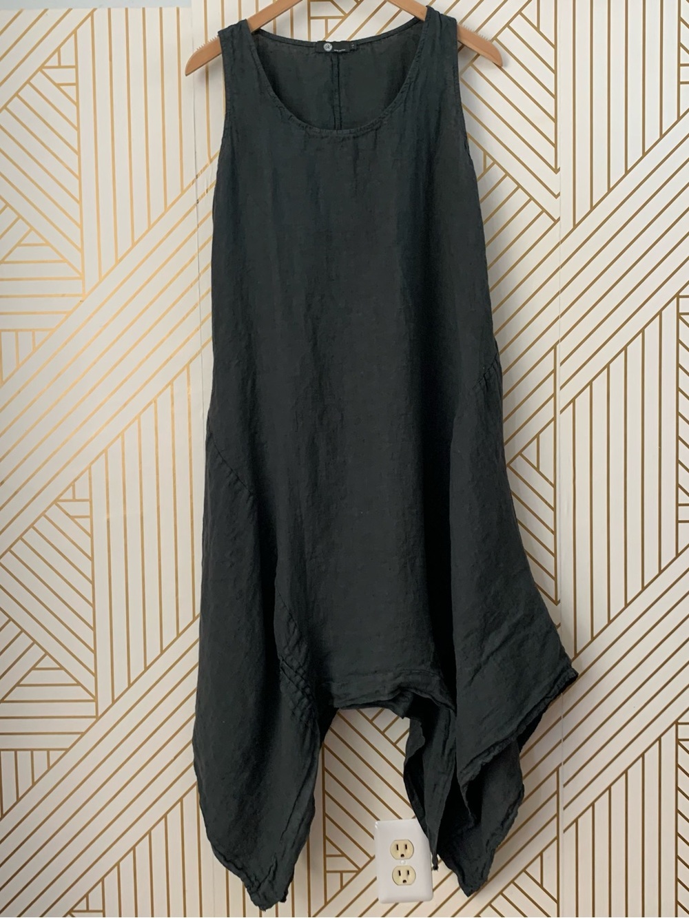 M Made in Italy 100% Linen Lagenlook Handkerchief Hem Midi Dress coastal boho L